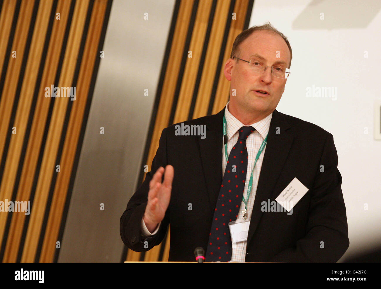 Chief executive of Scottish Rugby Gordon McKie speaks during the Scottish Rugby Parliamentary Briefing, Holyrood Stock Photo
