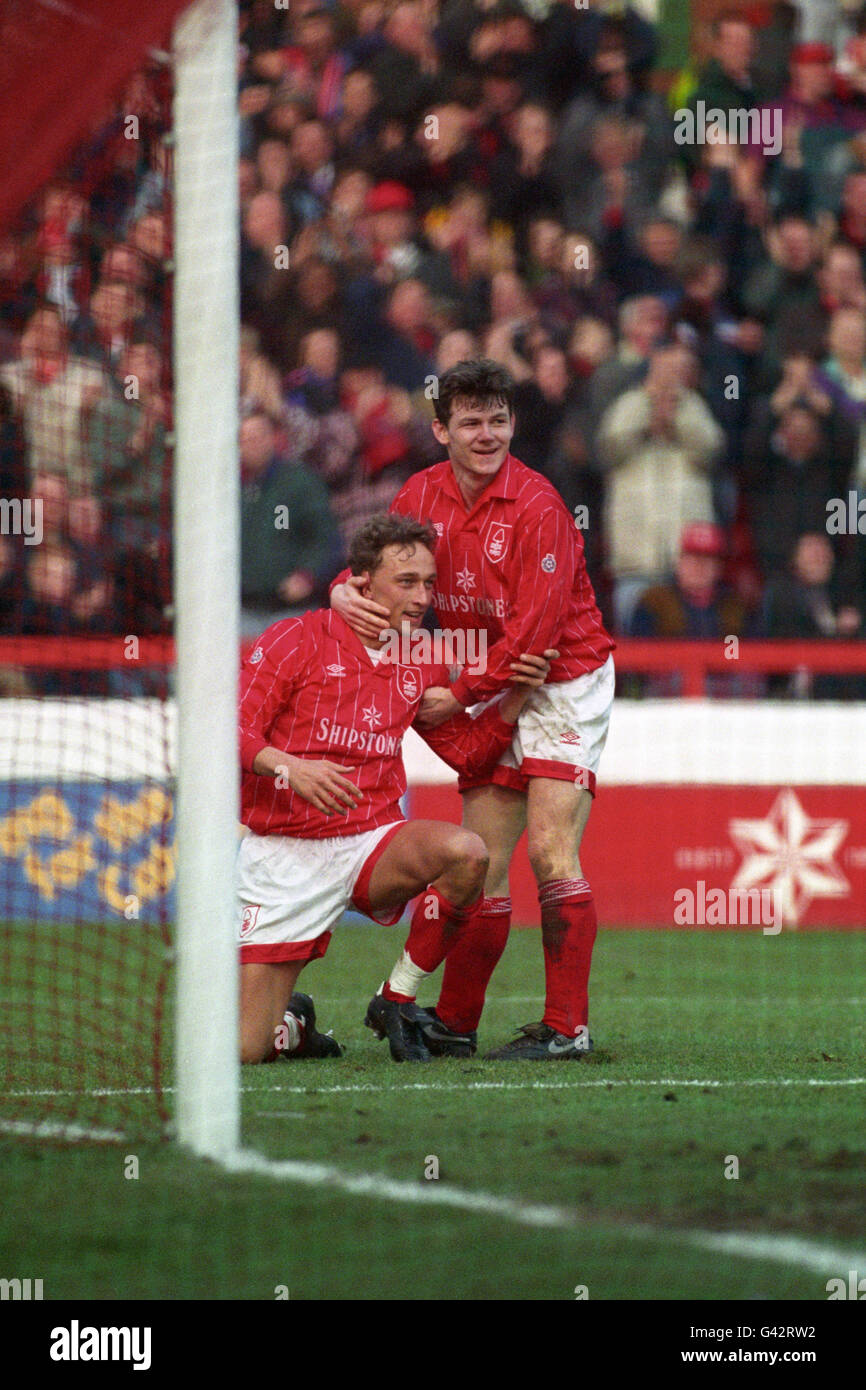 Nottingham Forest's Lars Bohinen celebrates scoring with teammate Lee Glover (r). Stock Photo