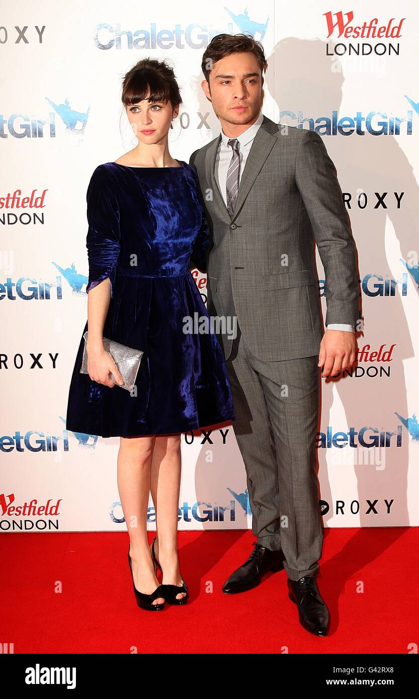 Ed Westwick and Felicity Jones arriving for the World Premiere of Chalet Girl, at the Vue Westfield, London. Stock Photo