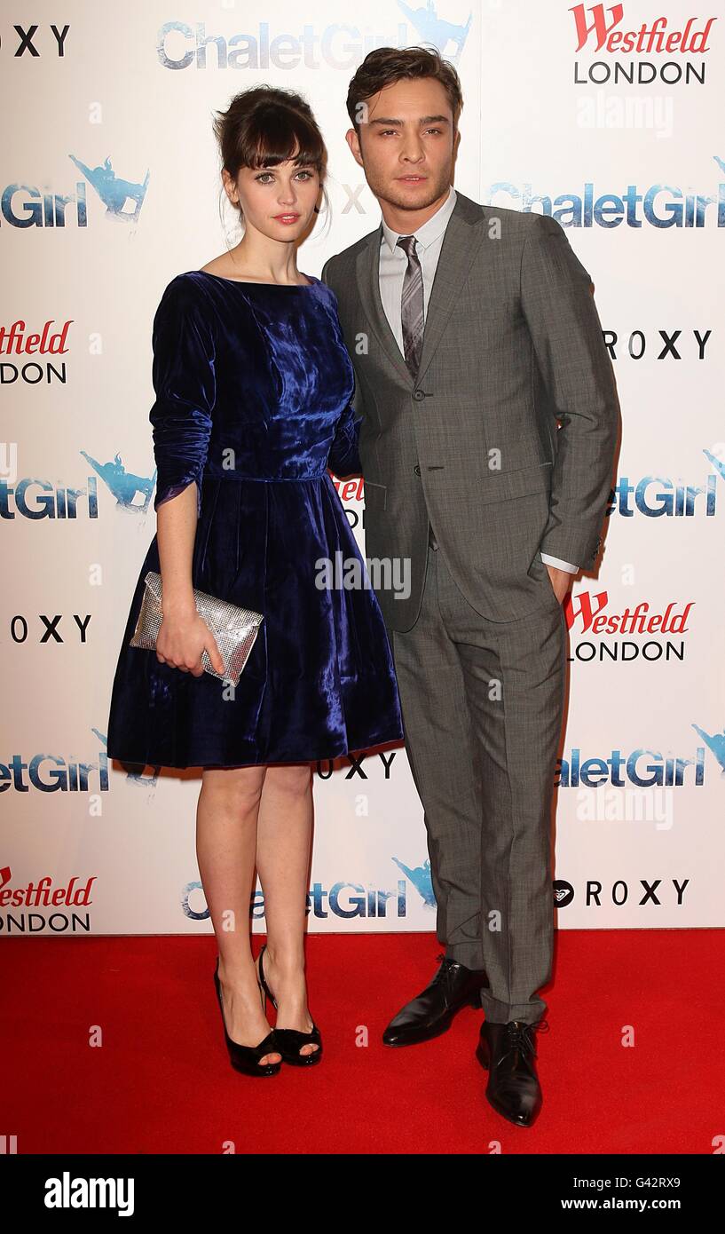 Chalet Girl World Premiere - London. Ed Westwick and Felicity Jones arriving for the World Premiere of Chalet Girl, at the Vue Westfield, London. Stock Photo