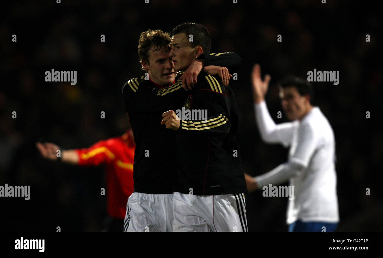 Germany's Denis Thomalla (r) is congratulated on scoring the opening goal of the game with teammate Lennart Thy (left) Stock Photo