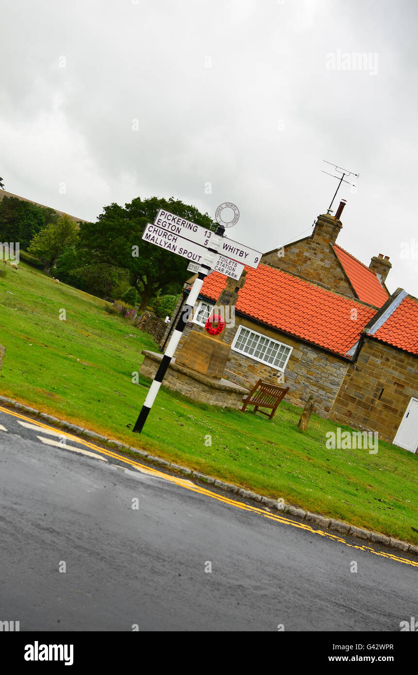 Road sign on the Village green in Goathland North Yorkshire. Setting for the fictional village of Aidensfield in Heartbeat Stock Photo