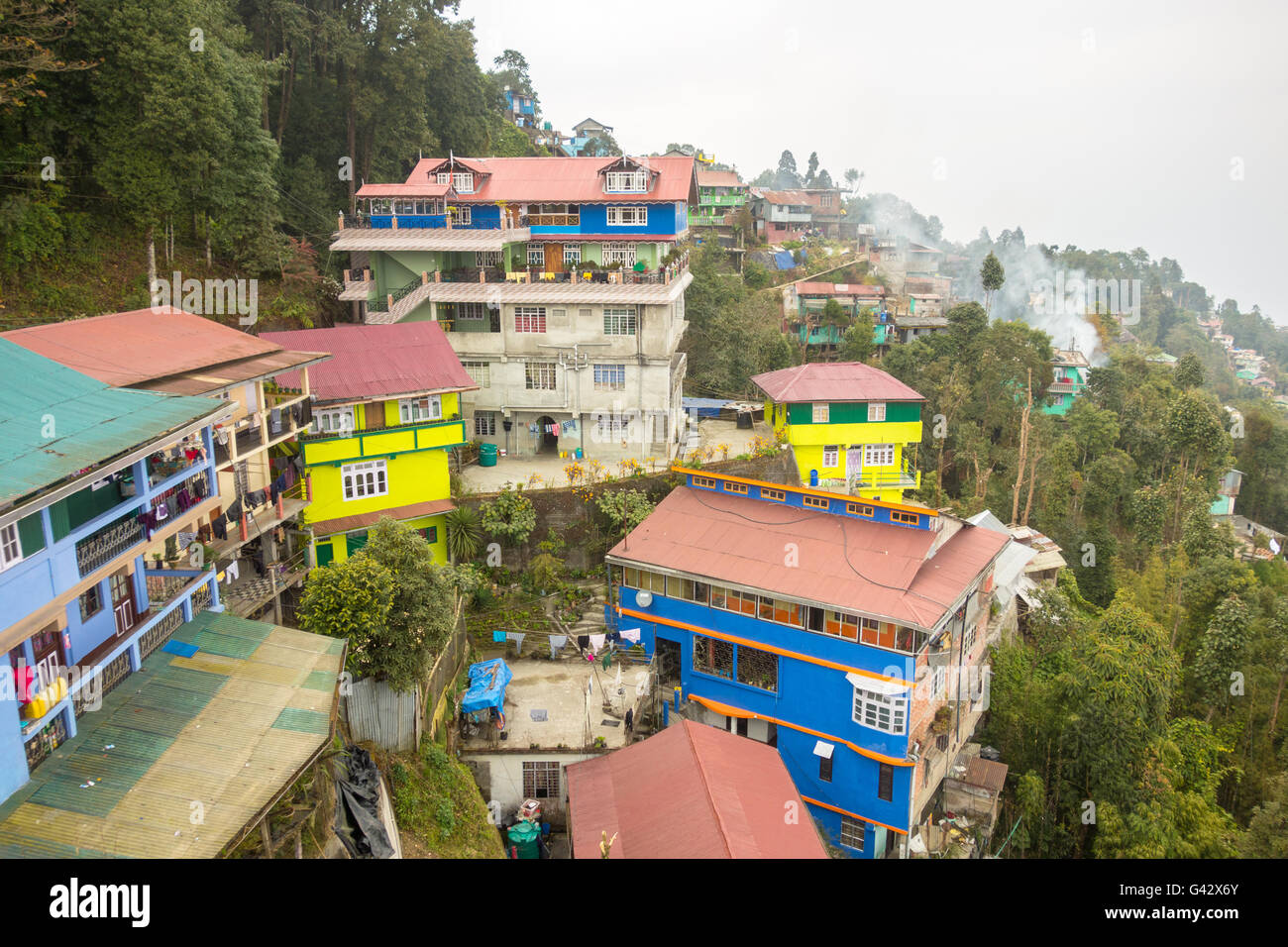 View from Darjeeling Ropeway - Cluster of old colourful houses in Darjeeling, West Bengal, India Stock Photo