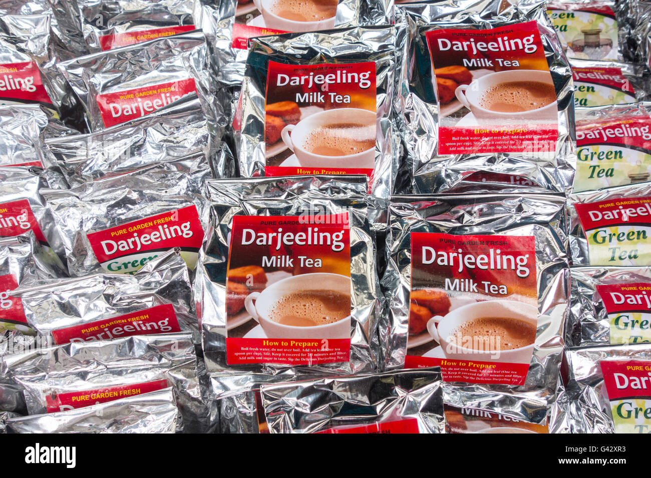 Darjeeling Milk Tea and Green Tea packets Stock Photo
