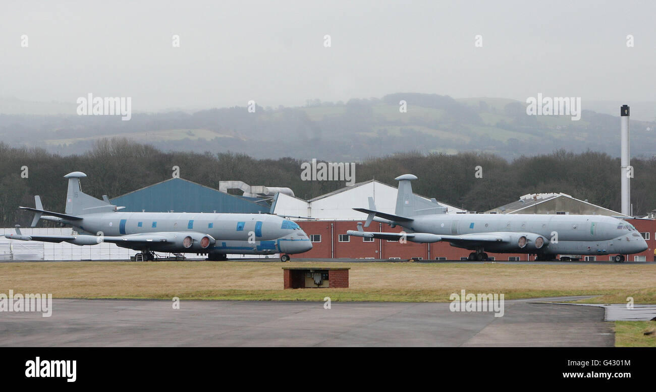 Nimrod MRA4 aircraft on the ground at BAE's Woodford base near Manchester, where the spy planes were built, and are now being broken up after they were axed last year as part of the government's defence review. Stock Photo