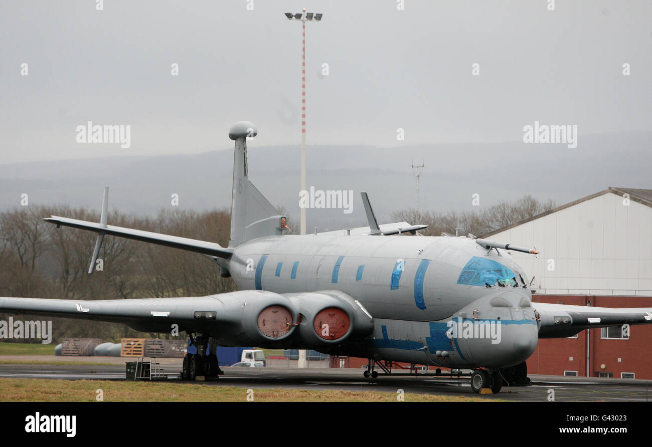 A Nimrod MRA4 aircraft on the ground at BAE's Woodford base near Manchester, where the spy planes were built, and are now being broken up after they were axed last year as part of the government's defence review. Stock Photo