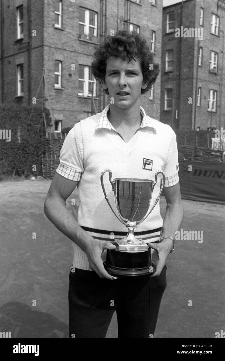 Richard Lewis after winning the Pernod International Tennis Championship against Jonathan Smith. Lewis won in straight sets collecting a prize of 650 pounds. Stock Photo