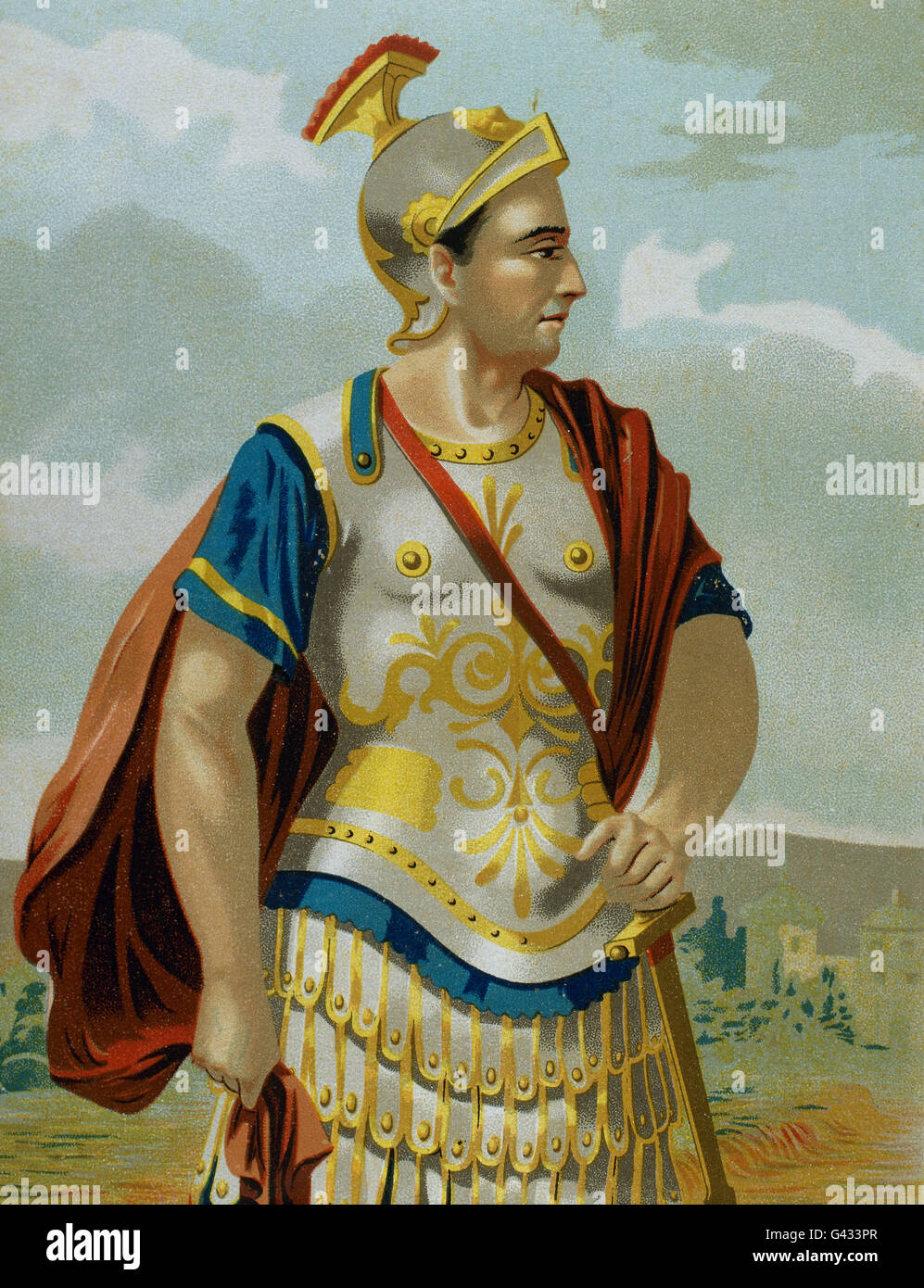 Pompey the Great (106-48 B.C.). Military political leader of the late Roman Republic. Portrait in 'Personajes Ilustres', 1875. Color. Stock Photo
