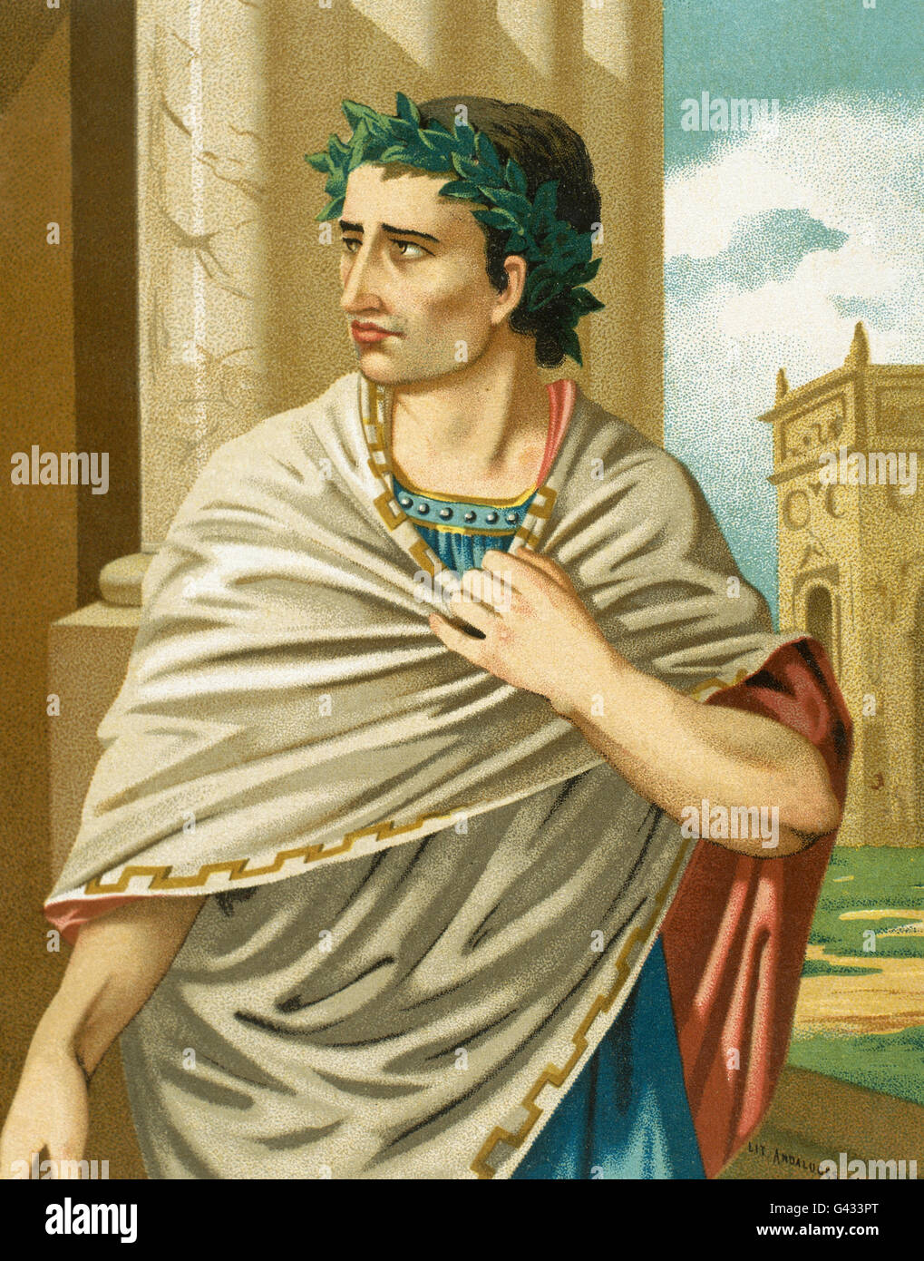Gaius Julius Caesar (ca. 100-44 B.C.). Roman statesman, general, and writer. Portrait in 'Personajes Ilustres', 1875. Color. Stock Photo