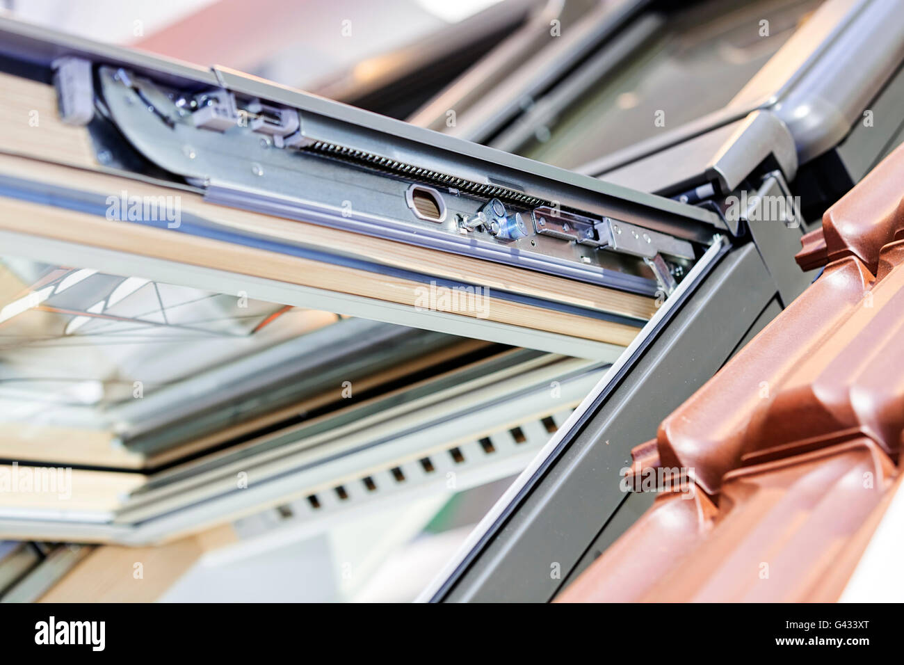 Open roof window system for home, outside view; note shallow depth of