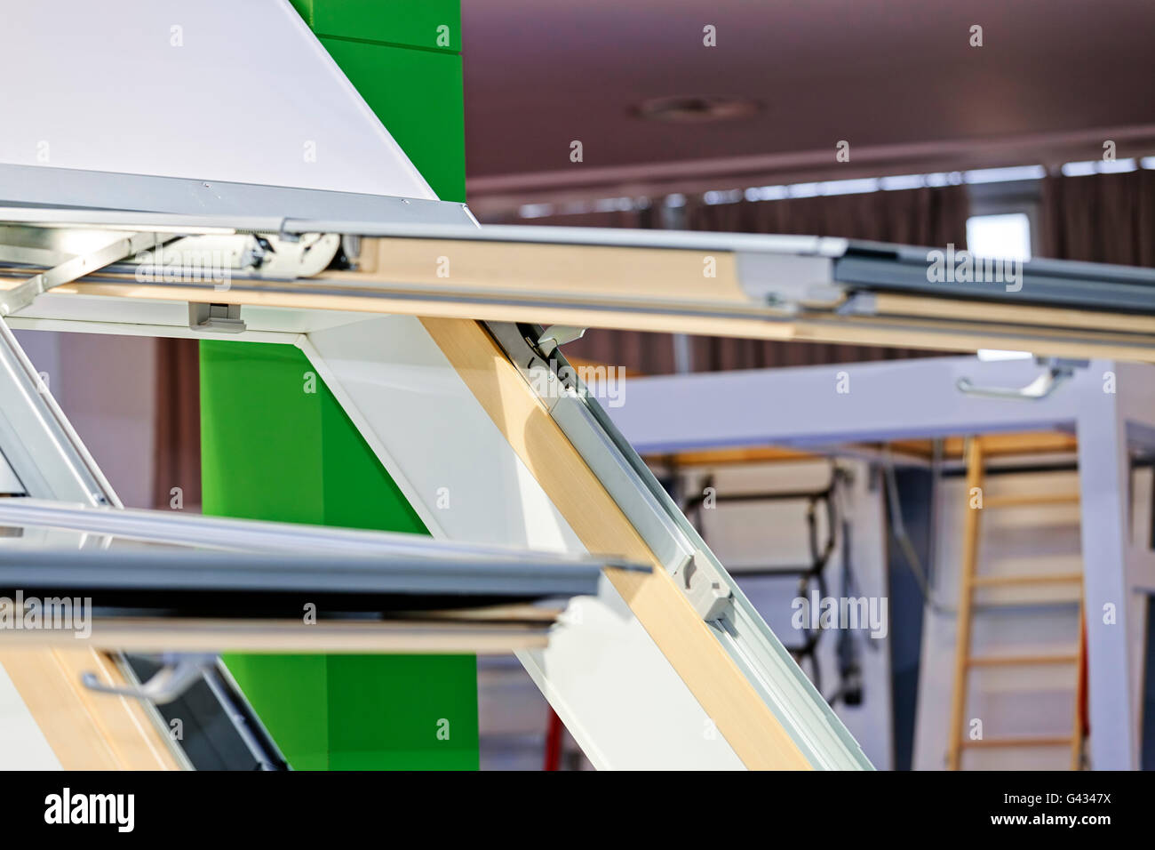 Open roof window system for home, outside view; note shallow depth of