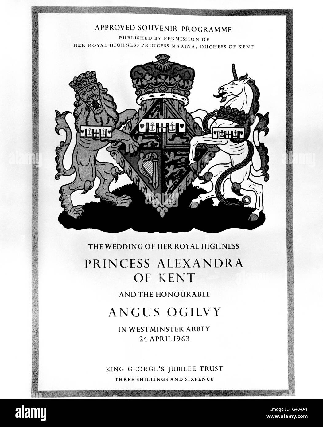The new coat of arms of Princess Alexandra on the front cover of the souvenir programme for the wedding of Her Royal Highness and the Hon. Angus Ogilvy. Stock Photo