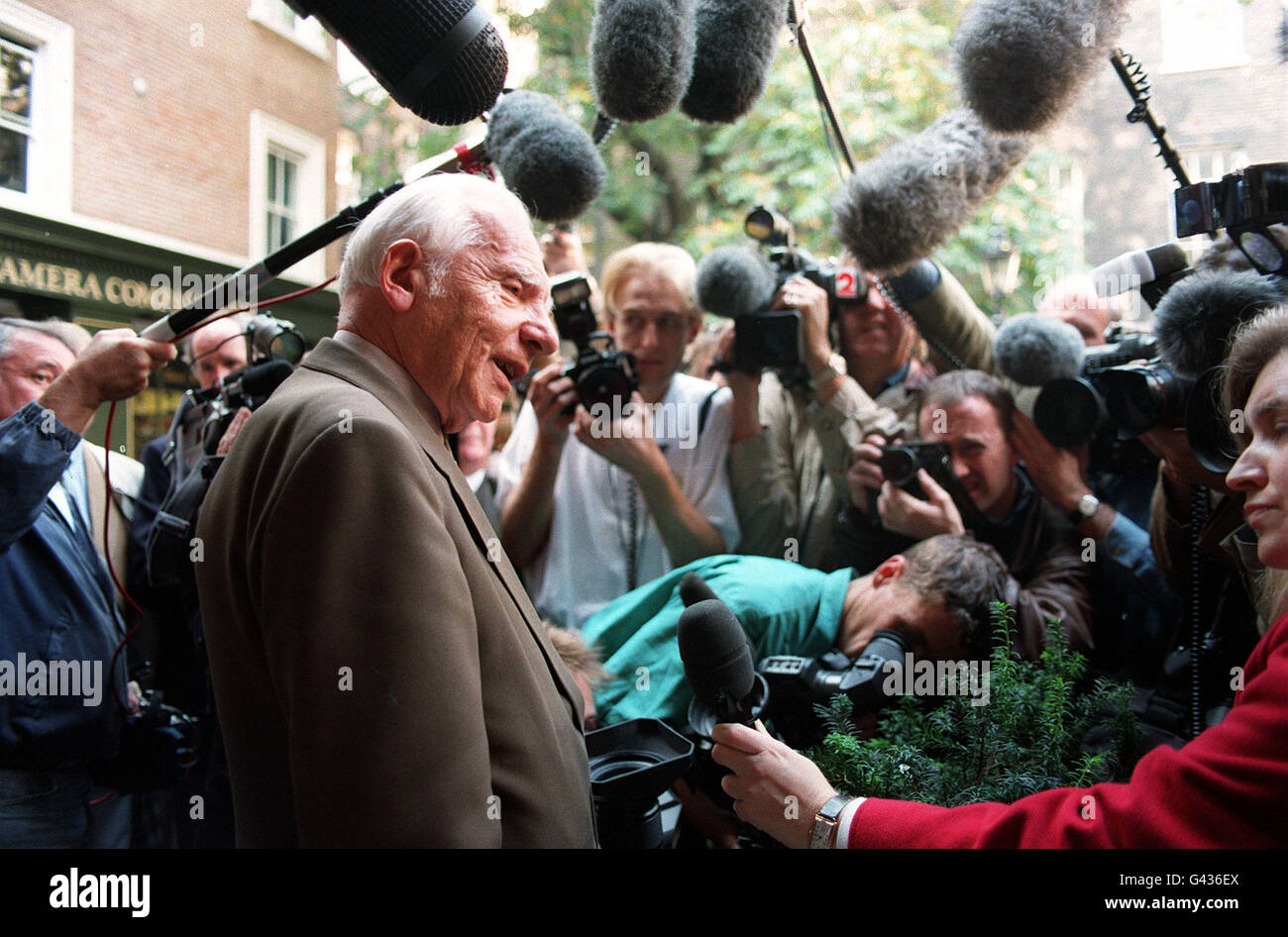 Nobel peace prize winner Joseph Rotblat besieged by the media at his office at the Pugwash Conferences on Science and World Affairs in central London. Stock Photo