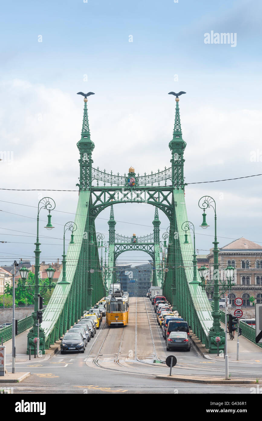View of traffic on the Szabadsag Bridge in Budapest, Hungary. Stock Photo