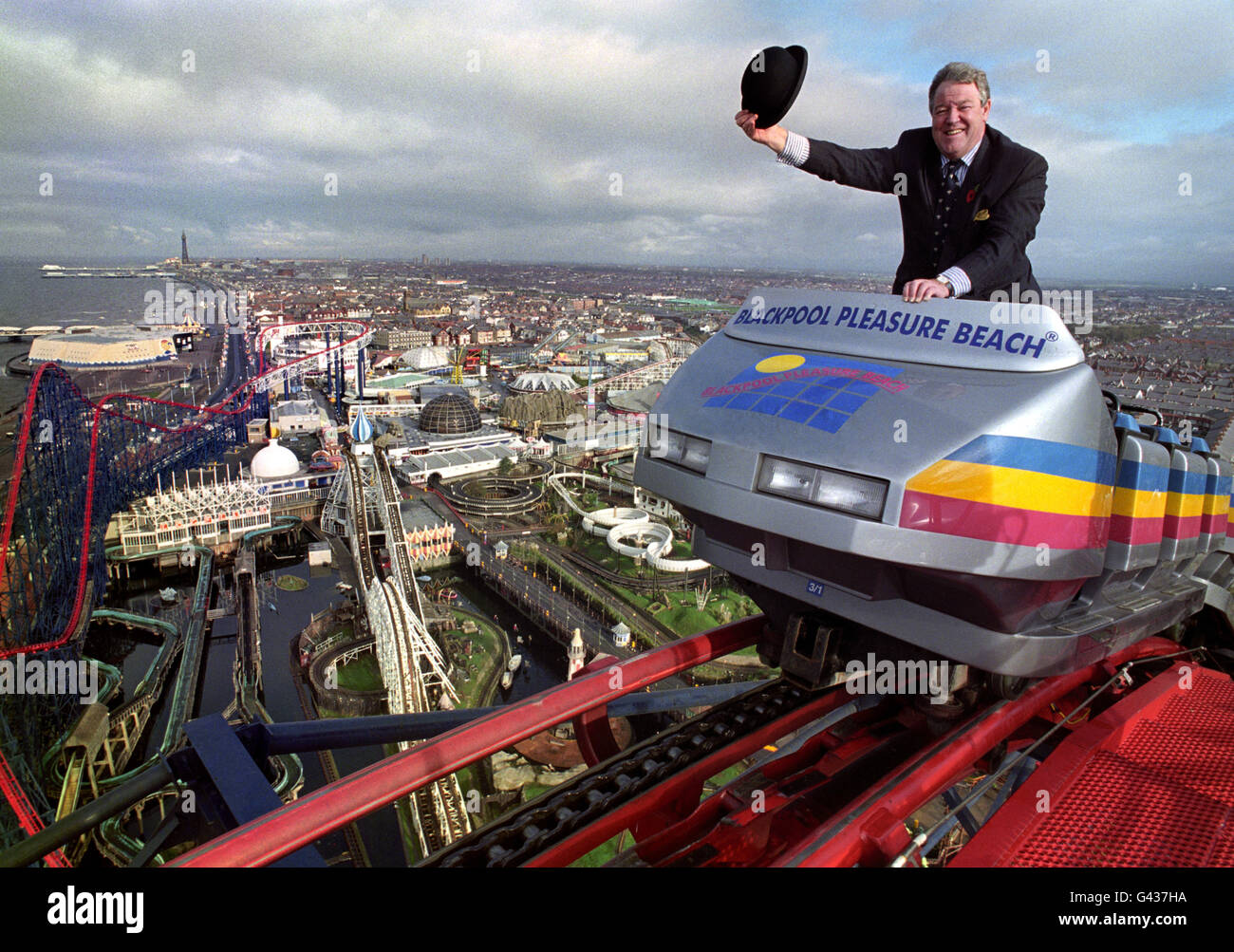 On top of the World, Geoffrey Thompson, the MD of Blackpool Pleasure Beach on the Big One ride, who will become the first ever British President of the International Association of Amusement Parks in the 77 years since the Association's formation. Stock Photo