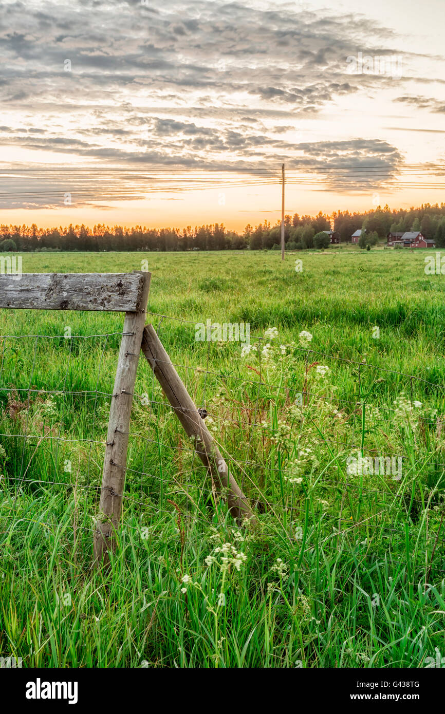 Wooden Fence in Field at sunrise Stock Photo - Alamy