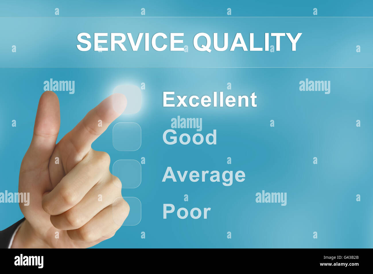 business hand clicking service quality button on screen Stock Photo