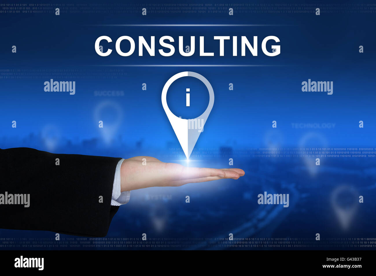 consulting button with business hand on blurred background Stock Photo