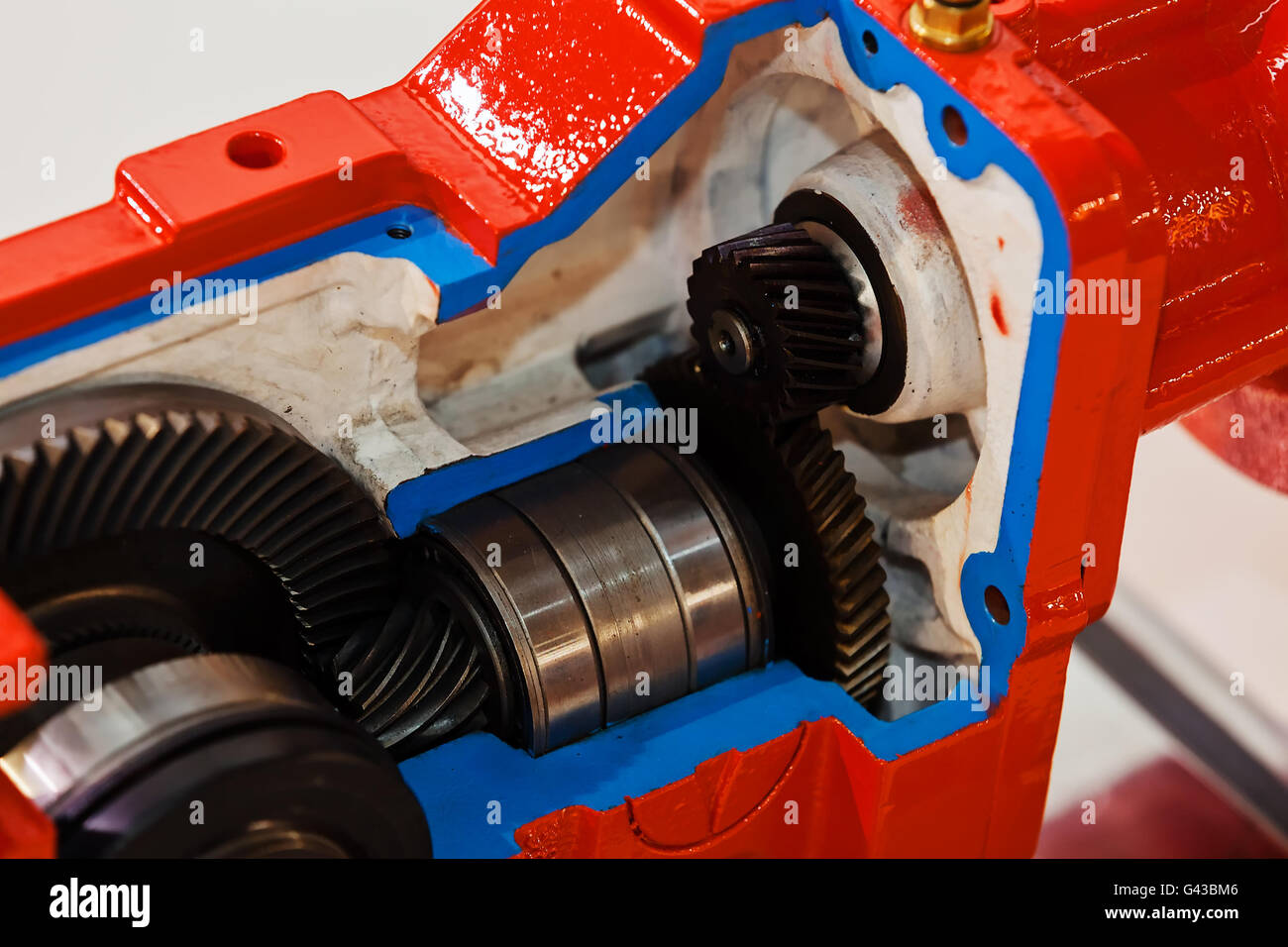 Gearbox on large electric motor at industrial equipment plant Stock