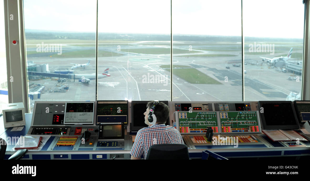 Manchester Airport stock. A generic stock image of air traffic controllers at work in the control tower at Manchester Airport. Stock Photo