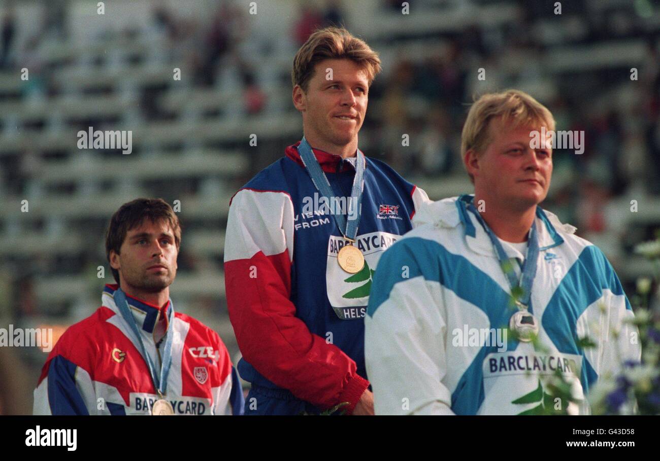 MENS JAVELIN MEDAL CEREMONY LR JAN ZELEZNY [BRONZE] CZECH. STEVE