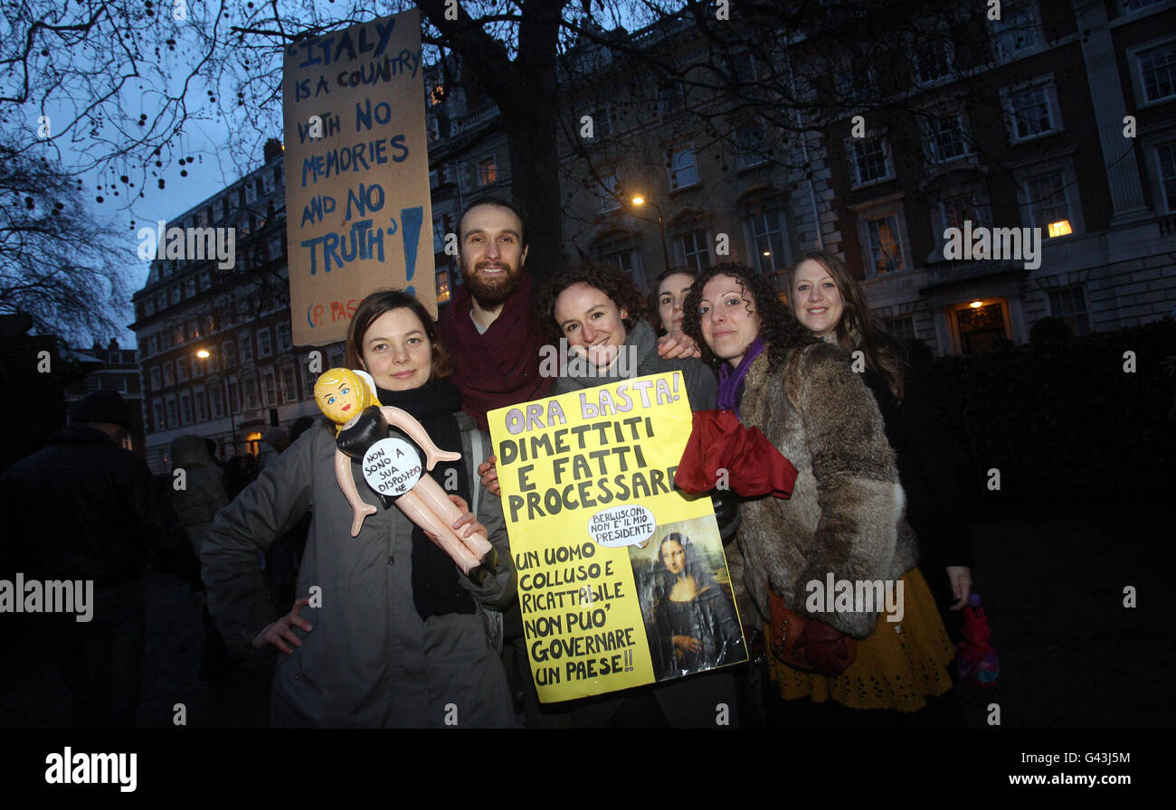 Protesters outside the Italian Embassy in London show solidarity with thousands of women in Italy demonstrating against Premier Silvio Berlusconi. Stock Photo