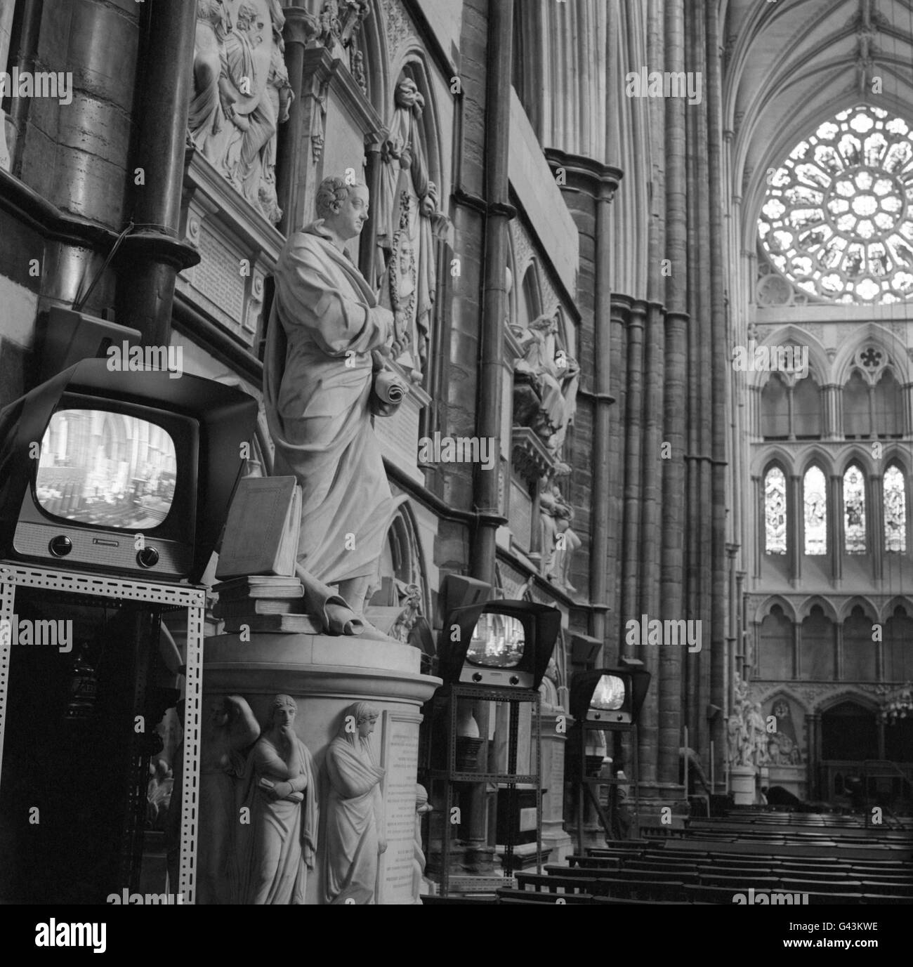 A closed-circuit television system installed in Westminster Abbey for guests with obscured views of the royal wedding of Princess Margaret and Antony Armstrong-Jones. Stock Photo