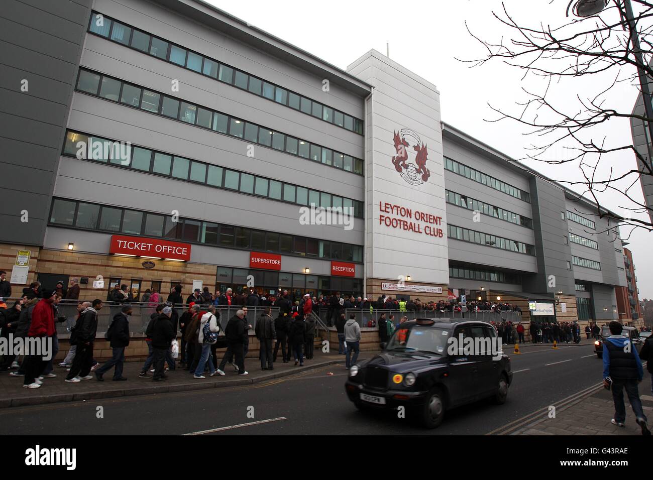 Soccer - FA Cup - Fifth Round - Leyton Orient v Arsenal - Matchroom Stadium. General view of fans outside the Matchroom Stadium, home of Leyton Orient Stock Photo