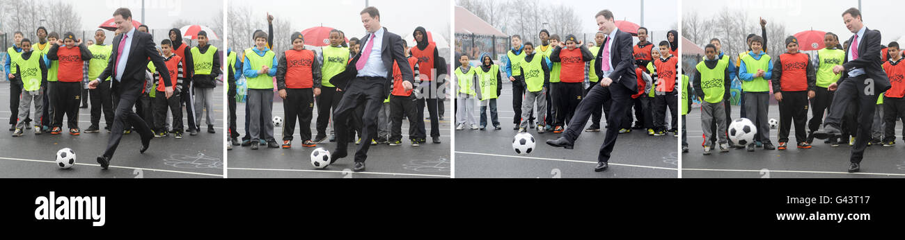 Composite photo of Deputy Prime Minster Nick Clegg taking a penalty kick during a training session at inner city football project, Kickz, run by Sheffield United FC, in Mount Pleasant, Sheffield. Stock Photo