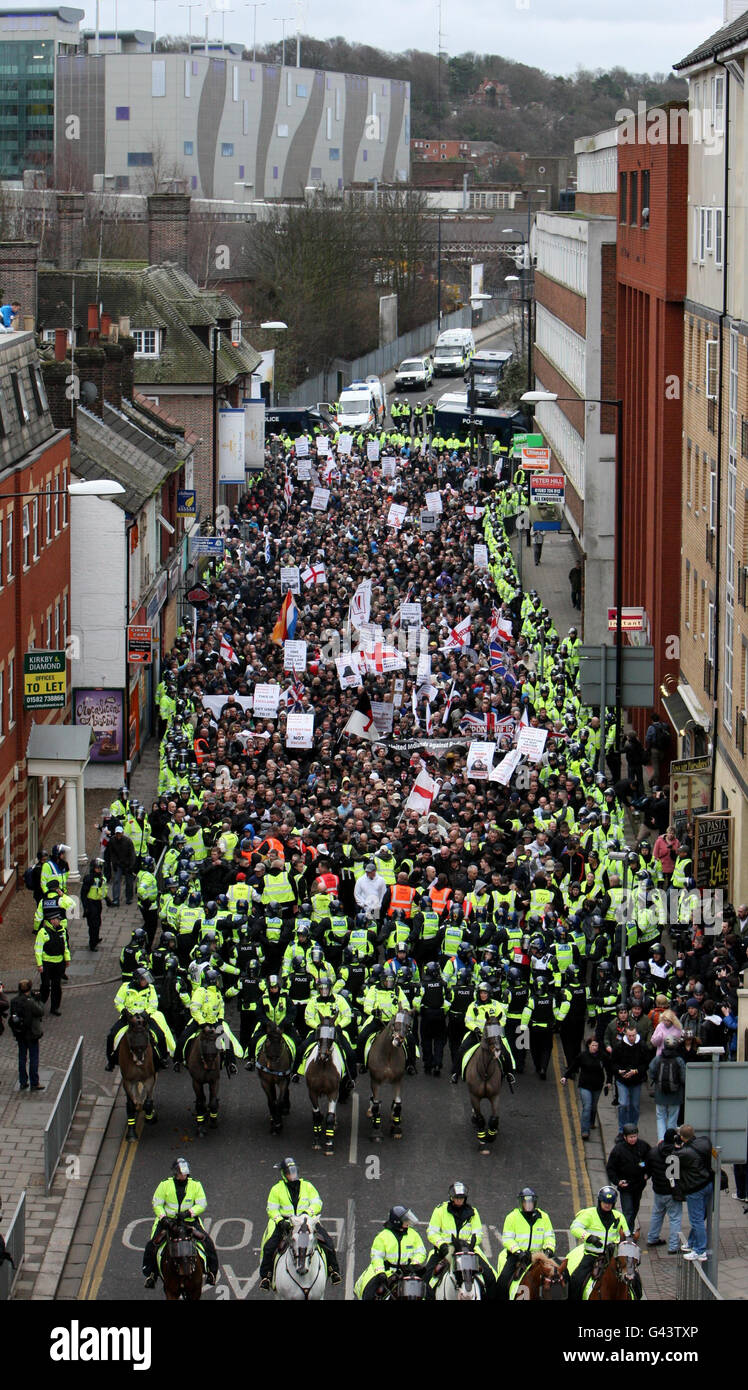 A large group of English Defence League members march through Luton, this afternoon. Stock Photo