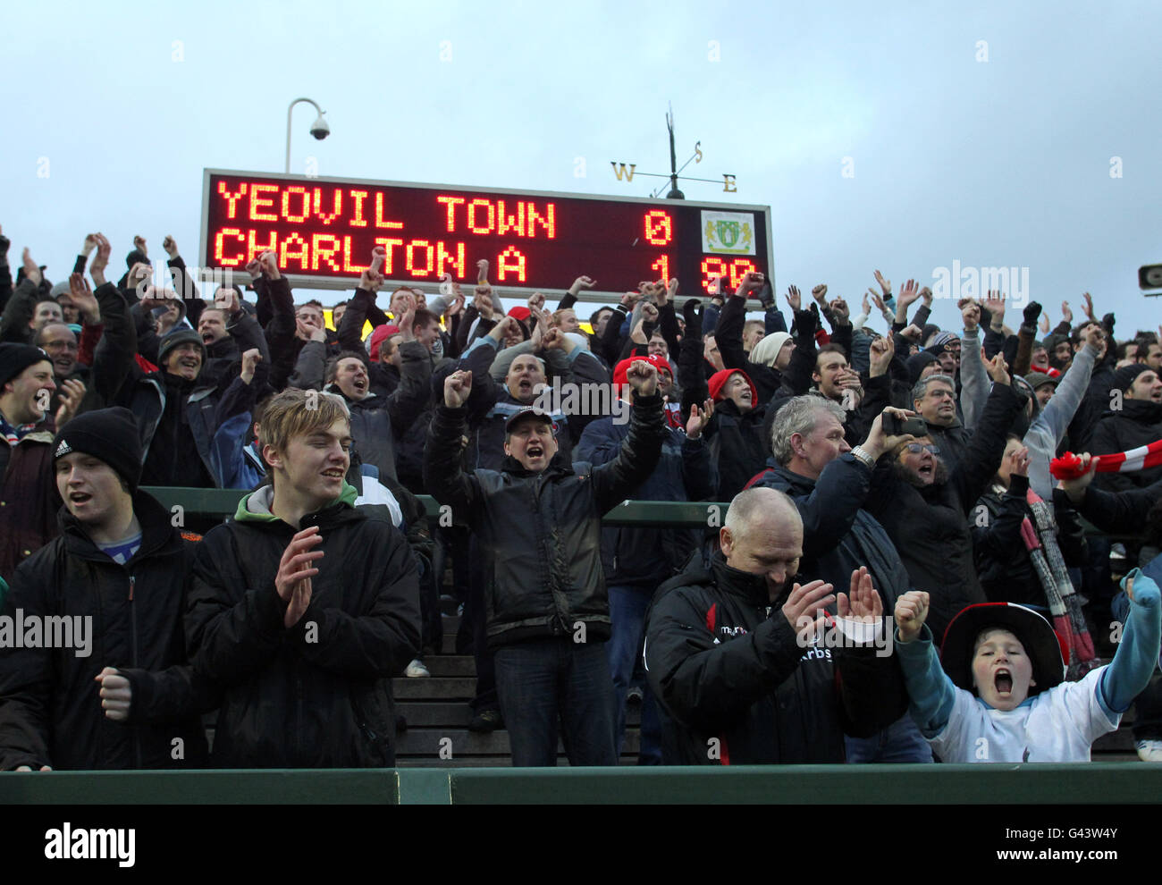 Charlton Athletic fans celebrate their 10 victory during the Npower