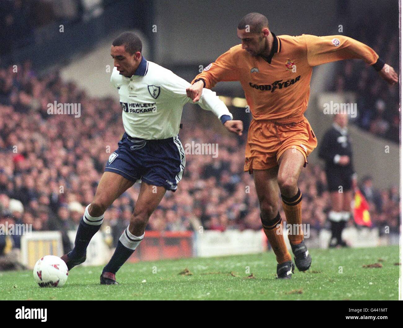 Tottenham's Chris Armstrong holds off Wolves Dean Richards during today's (Saturday) FA Cup 4th round clash at White Hart Lane. Photo by Christine Boyd. Stock Photo