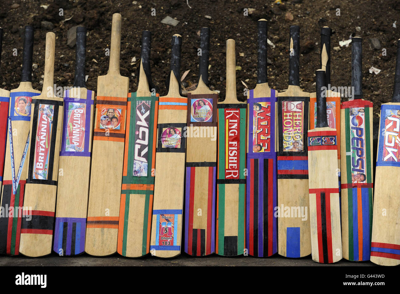 Cricket bats for sale by the side of the road in Nagpur city centre, India. Stock Photo
