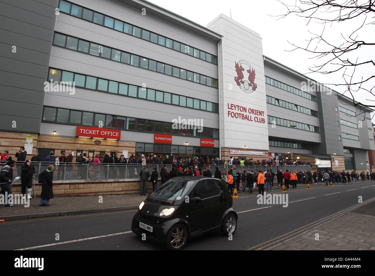General view of fans gathering outside the Matchroom Stadium, home of Leyton Orient Stock Photo
