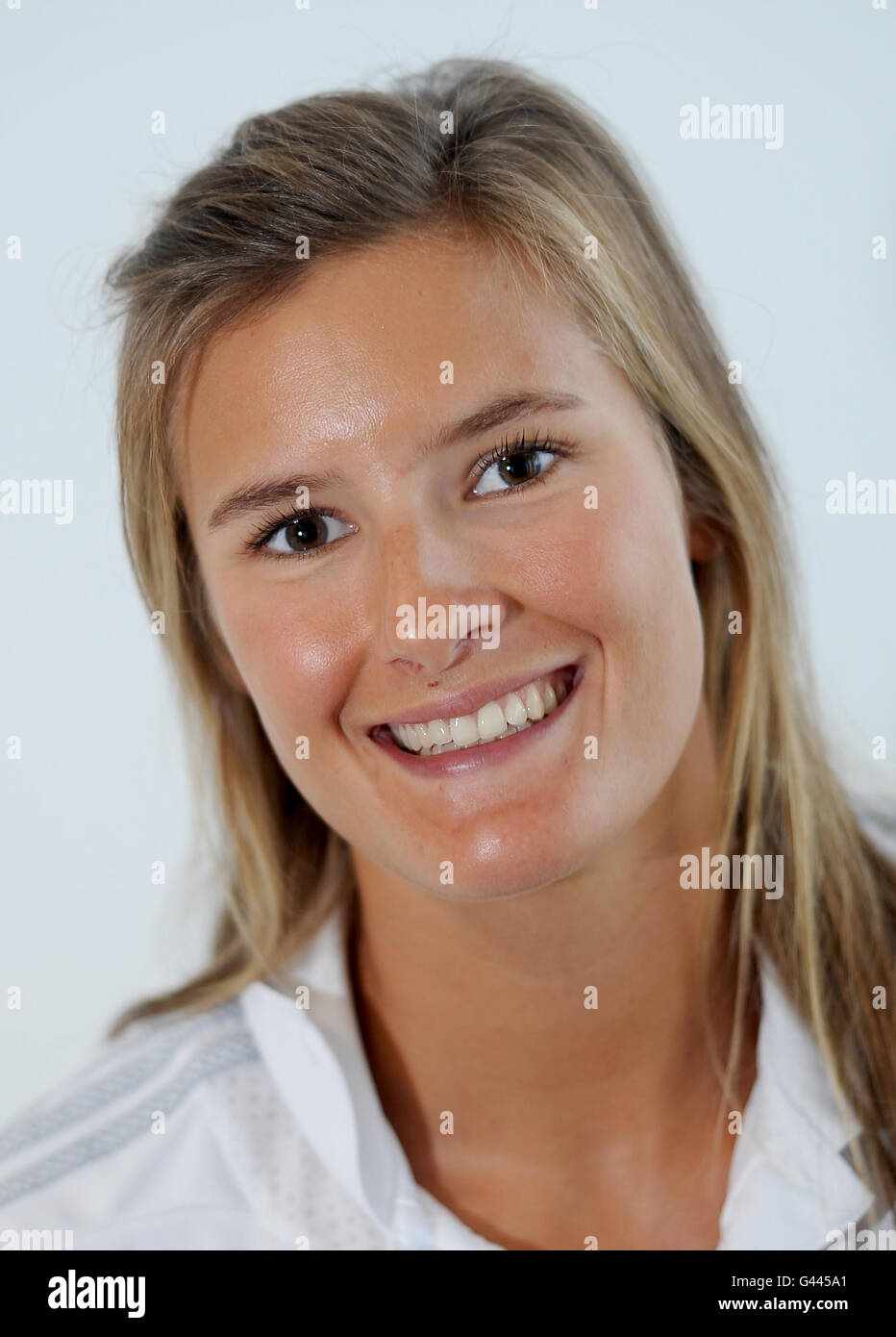 British beach volleyball Olympian Zara Dampney poses for media during an interview session ahead of the World Tour which begins in Brazil, London. Stock Photo