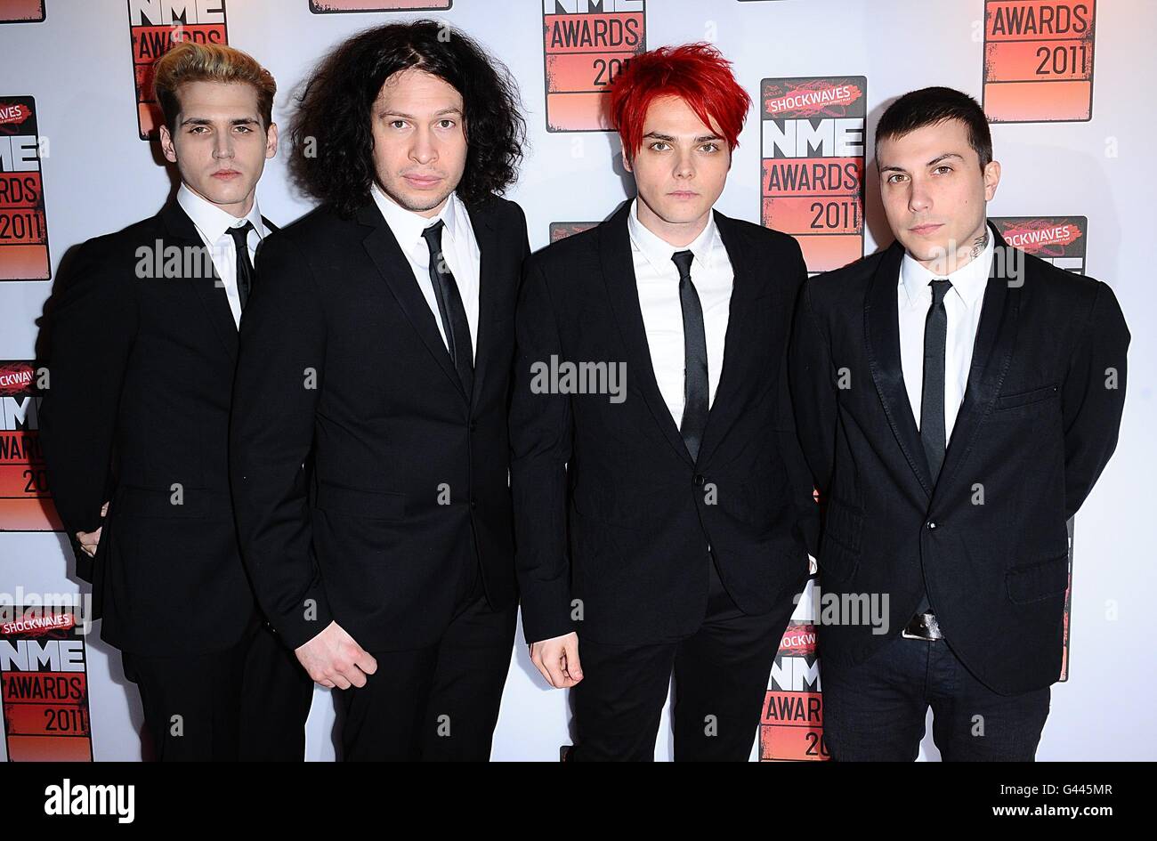 left to right) Mikey Way, Ray Toro, Gerard Way and Frank Iero of My  Chemical Romance arriving for the 2011 Shockwaves NME Awards at the O2  Academy, Brixton, London Stock Photo - Alamy