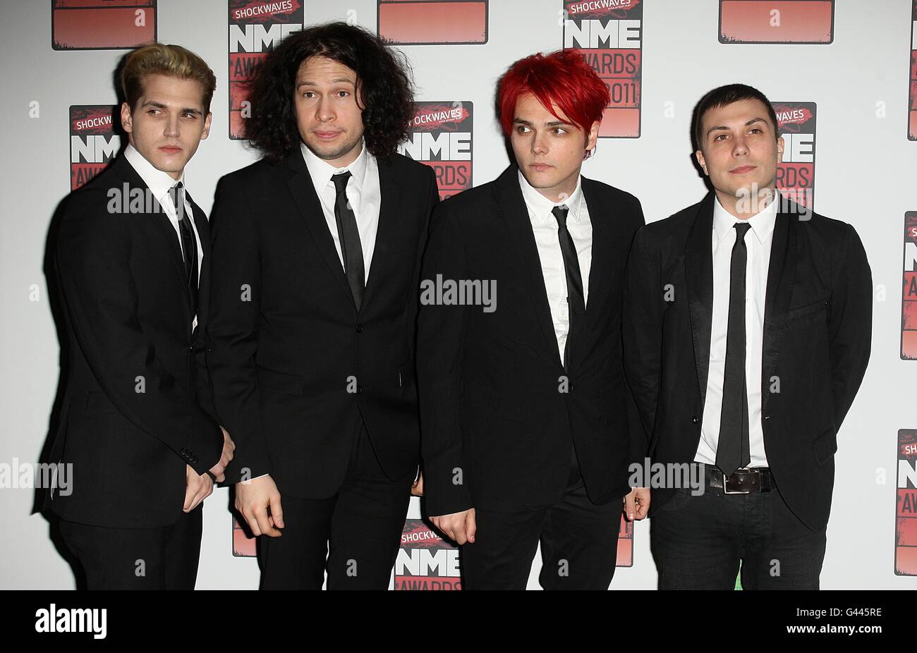 (left to right) Mikey Way, Ray Toro, Gerard Way and Frank Iero arriving for the 2011 Shockwaves NME Awards at the O2 Academy, Brixton, London Stock Photo