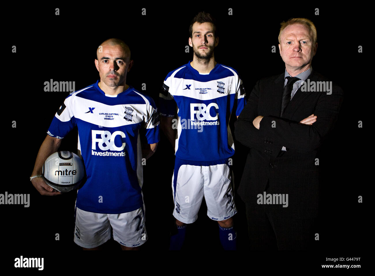 Soccer - Carling Cup Final Preview - Birmingham City Photocall. L-R: Birmingham City's Stephen Carr, Roger Johnson and manager Alex McLeish Stock Photo