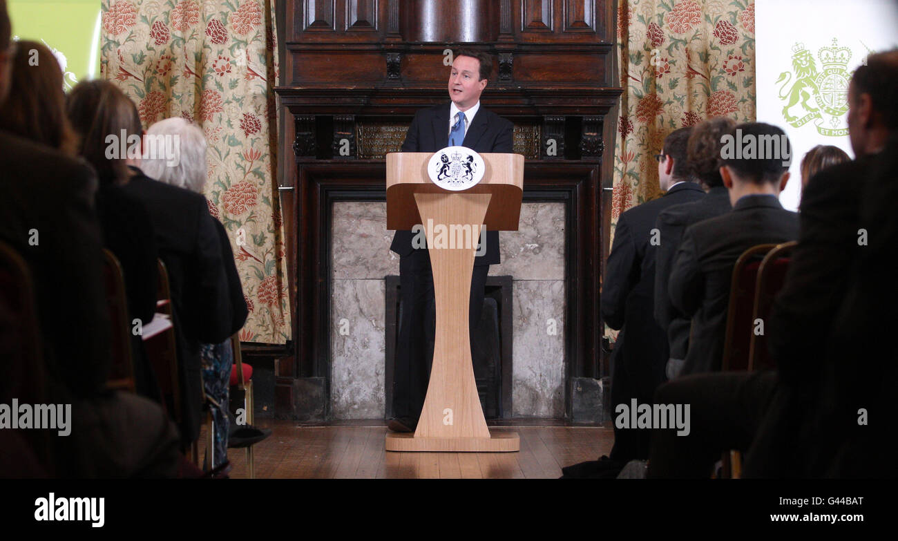 Prime Minister David Cameron makes a speech on welfare at Toynbee Hall in East London. Stock Photo