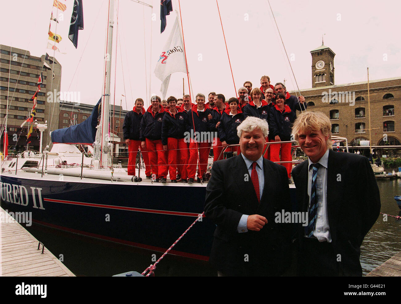World famous yachtsman Chay Blyth (l) with fellow yachtsman Lawrie Smith (r) at today's (Wed) official naming of Heath Insured II at St Katherine's Dock in London today (Wed). The 67ft yacht, sponsored by insurance broker, The Heath Group, will be skippered by Adrian Donovan and a volunteer crew in the world's toughest yacht race - the BT Global Challenge 1996-7. PA. Stock Photo