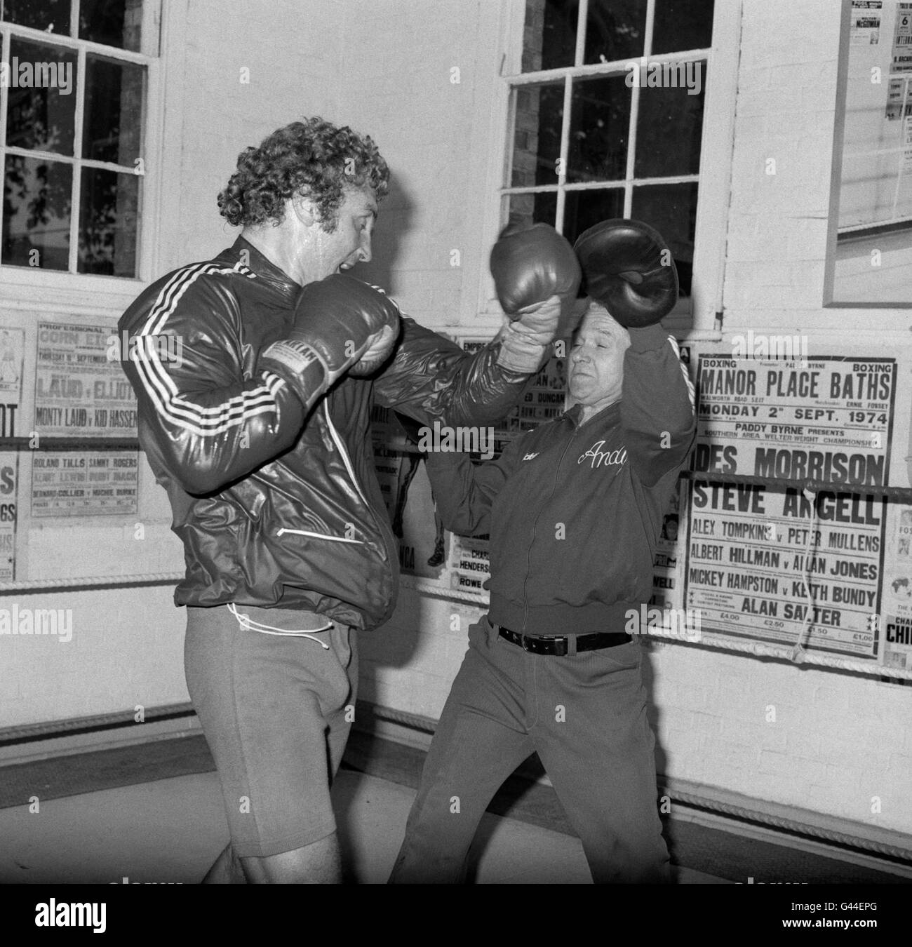 British Heavyweight Joe Bugner (l) spars with his manager Andy Smith (R) in  preparation for his EBU (European), Commonwealth (British Empire) and  BBBofC British heavyweight titles fight with Richard Dunn. This would