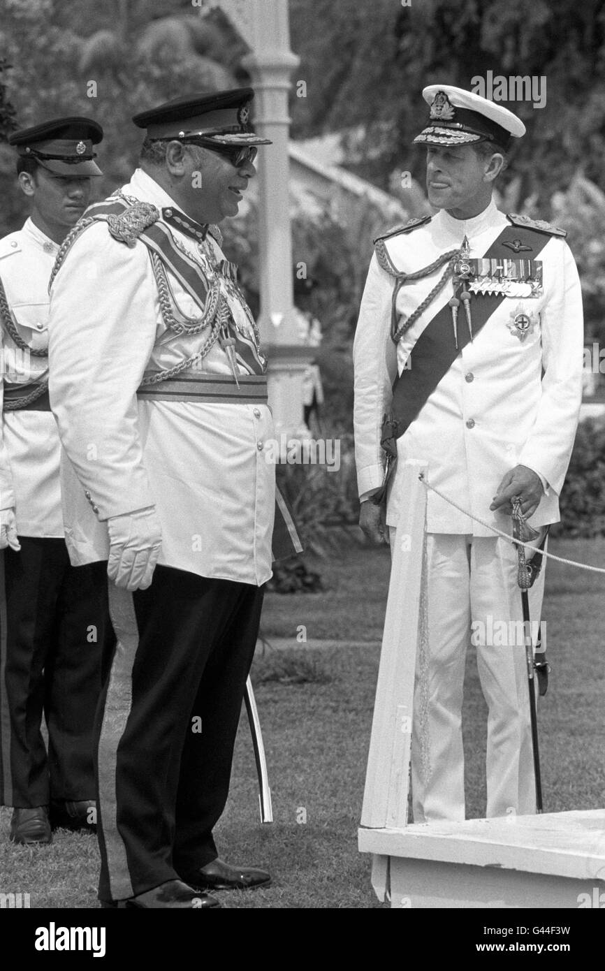 Prince Philip, Duke of Edinburgh talks with T&#257;ufa&#699;&#257;hau Tupou IV, King of Tonga during the Royal Tour of Australasia Stock Photo