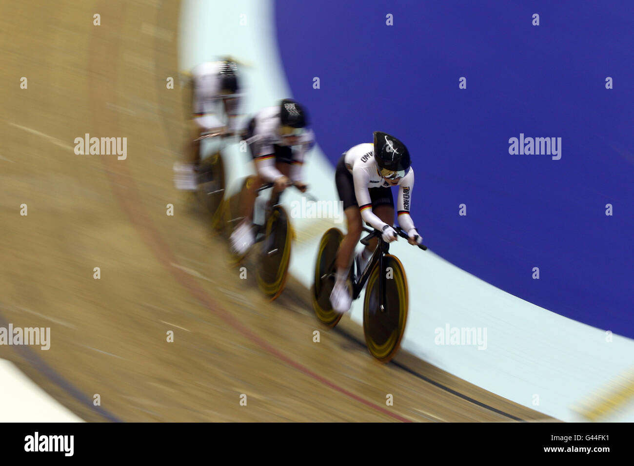 Germany's Charlotte Becker, Lisa Brenauer and Madeleine Sandig during the Women's Team Pursuit Stock Photo