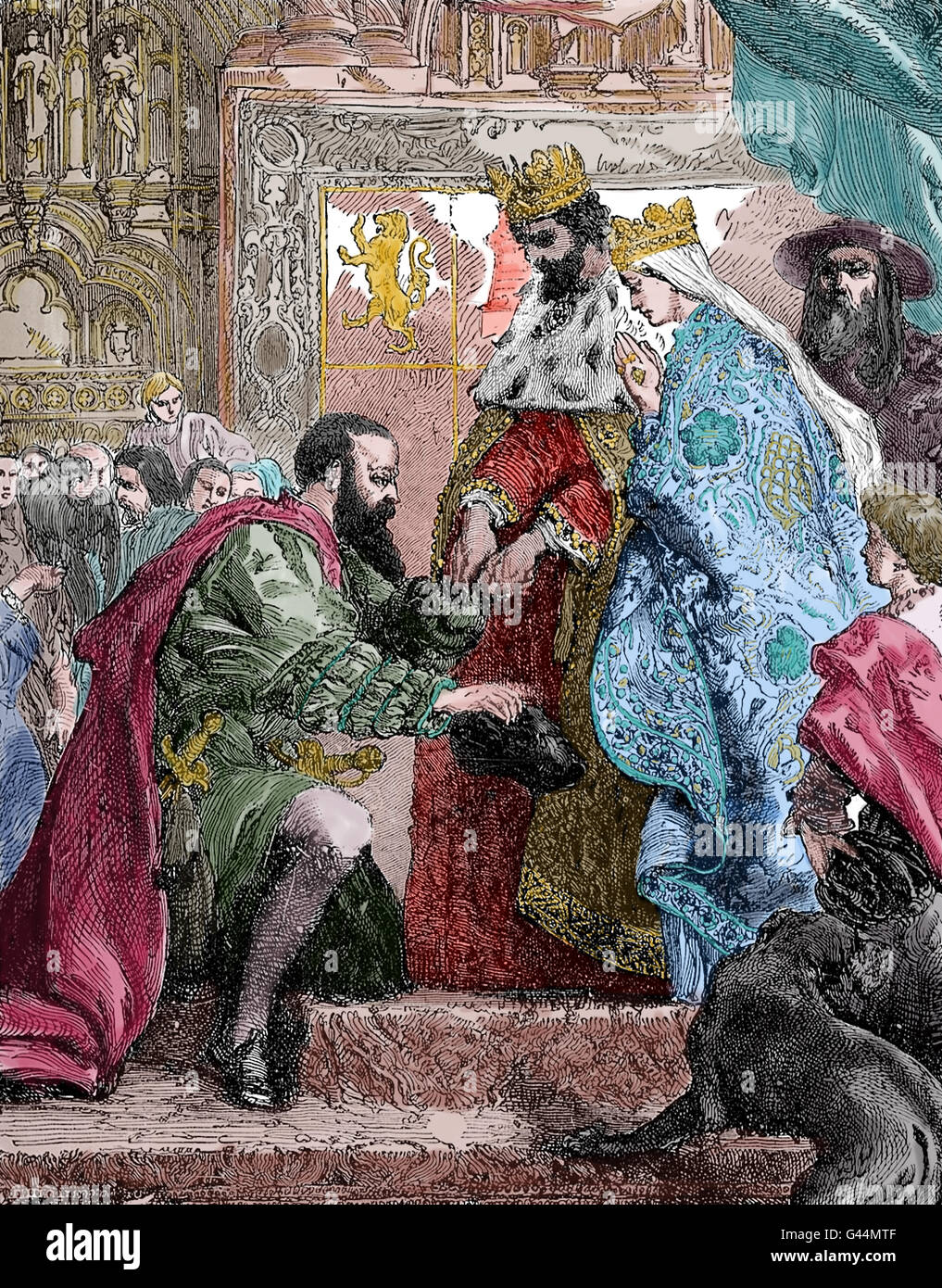 Reception of Columbus by King Ferdinand I and Queen Isabella in Barcelona, 1493. Engraving, 19th century. Color. Stock Photo