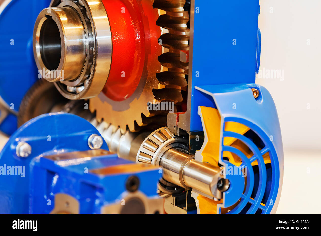 Gearbox on large electric motor at industrial equipment plant Stock