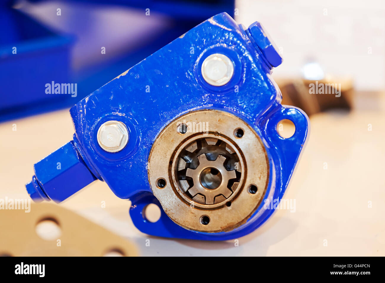 Gearbox on large electric motor at industrial equipment plant Stock