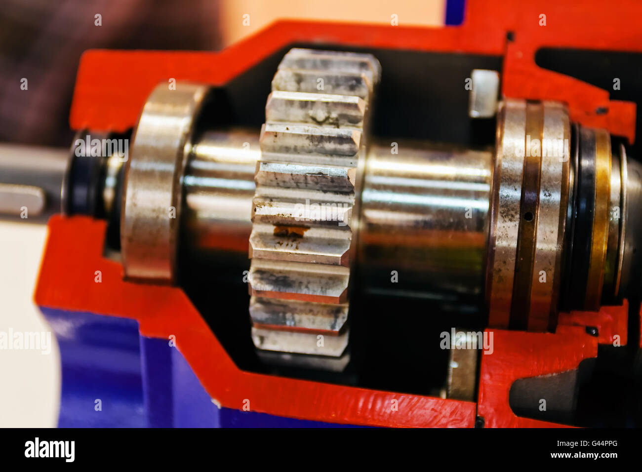 Gearbox on large electric motor at industrial equipment plant Stock