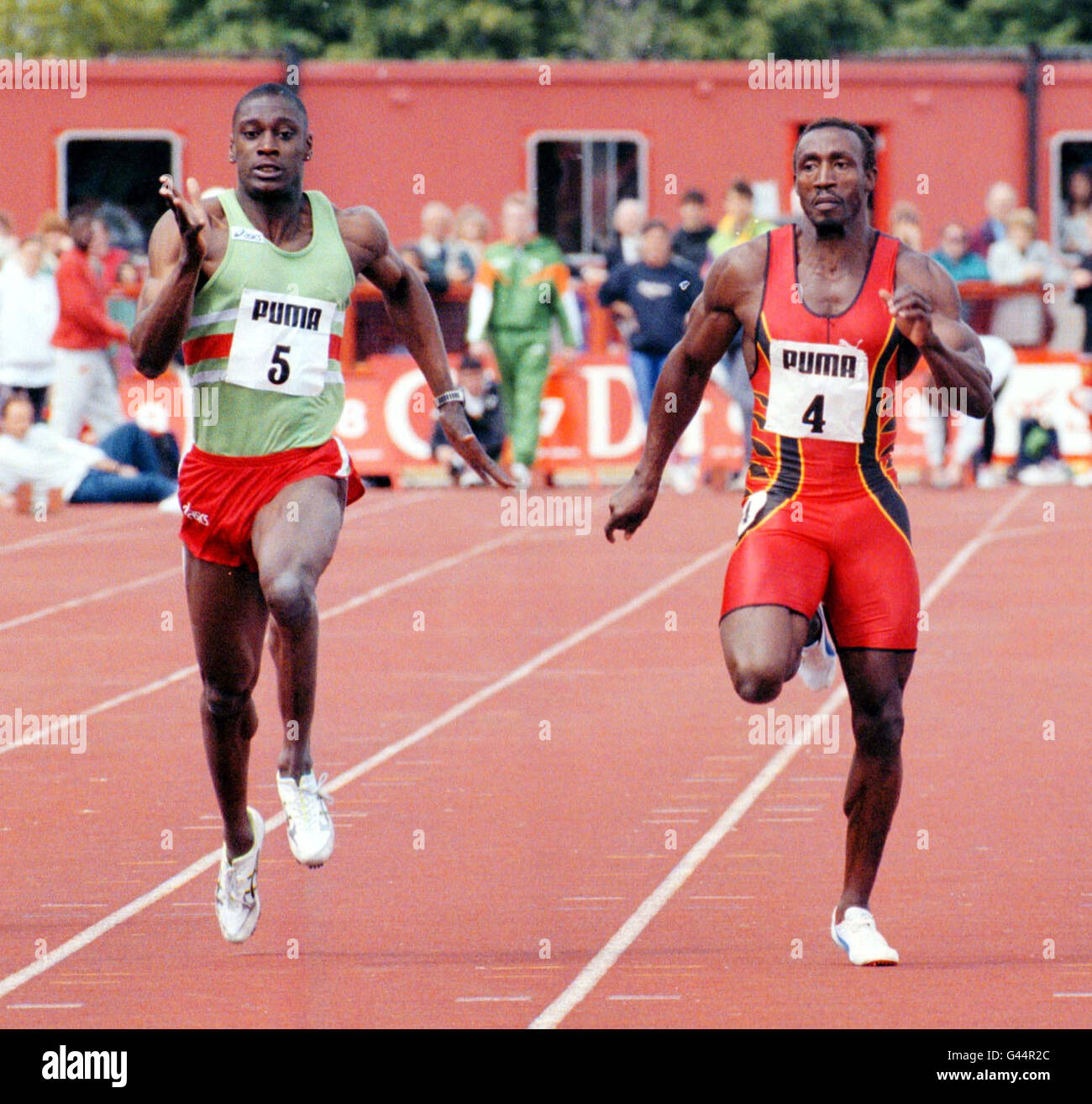 Linford Christie (right) gains a close victory over Owusu Dako in the 150 metres guest race at the 'Welsh Games' in Cardiff. Stock Photo