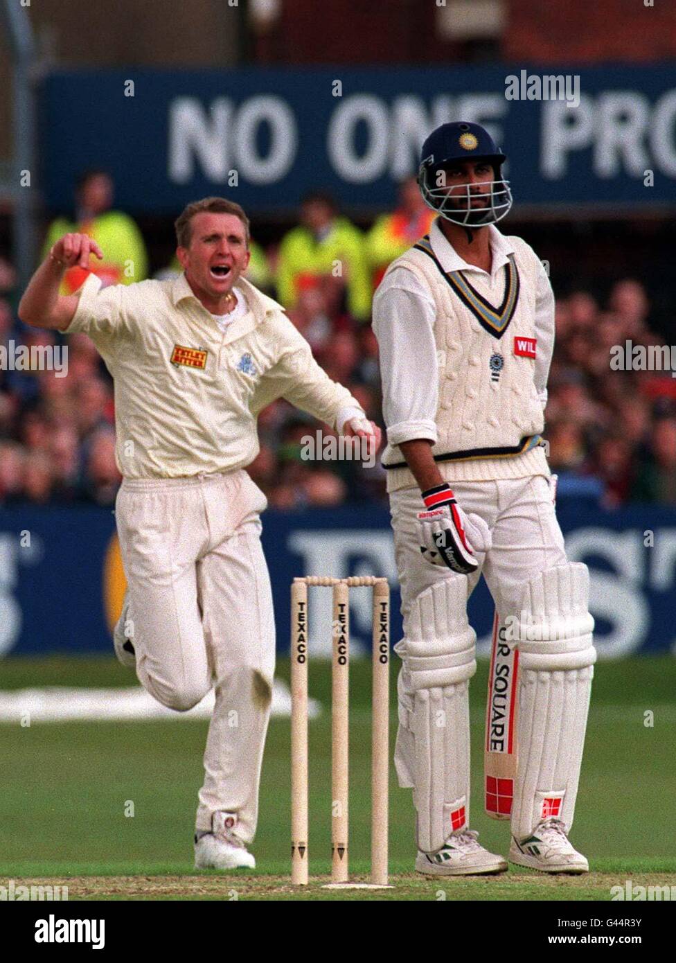 Bowler Dominic Cork runs in to celebrate Vikram Rathore out, caught for seven, as England get an early breakthrough against India in the Texaco One-Day International at Headingley. Stock Photo