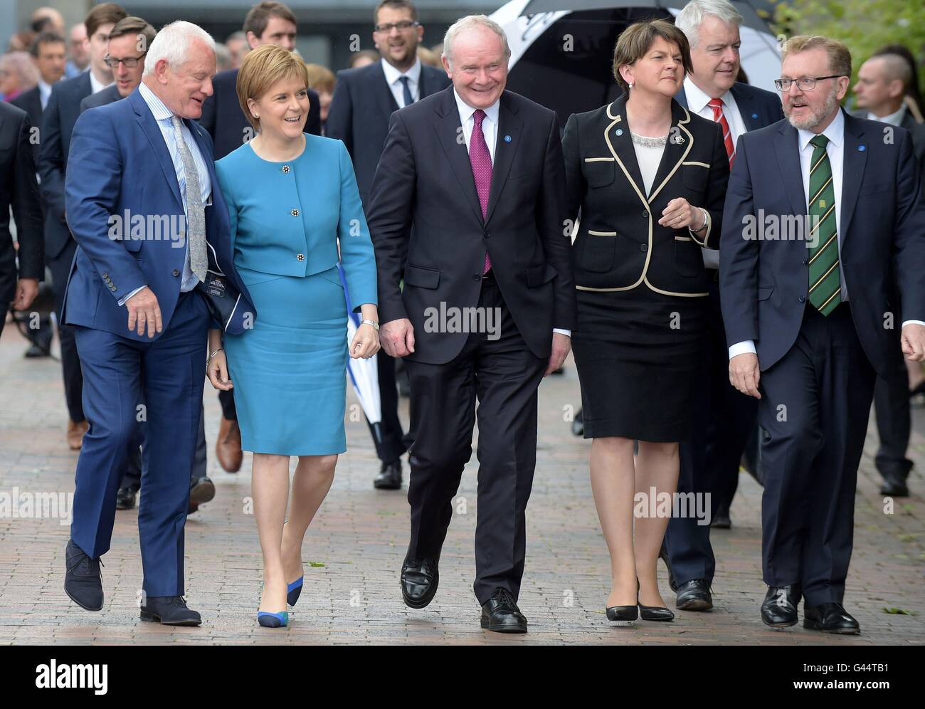(From the left) Allan Bell Chief Minister Isle of Man, Nicola Sturgeon First Minister of Scotland, Martin McGuinness deputy First Minister Northern Ireland, Arlene Foster First Minister of Northern Ireland Executive, and David Mundell Secretary of State for Scotland during the British-Irish Council Summit meeting hosted by the Scottish Government in Glasgow. Stock Photo